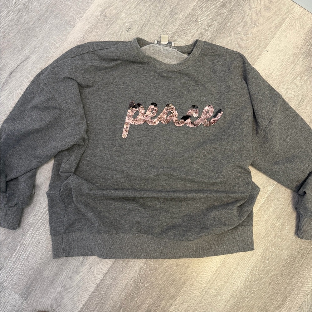 Charlie Paige Gray Sweater with Pink Sequin Peace Design